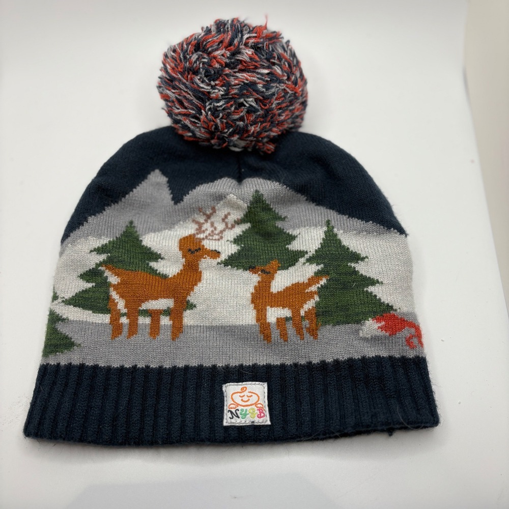 NYGB Kids Winter Beanie‎ Hat with Pom Pom Deer Forest Animals Size 12-24 Months